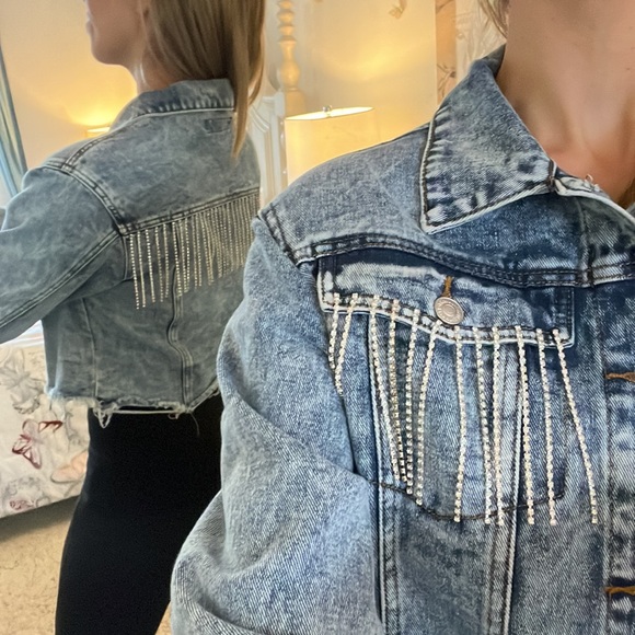 Blue Jean jacket faux diamond fringe detailing size M - Picture 1 of 14